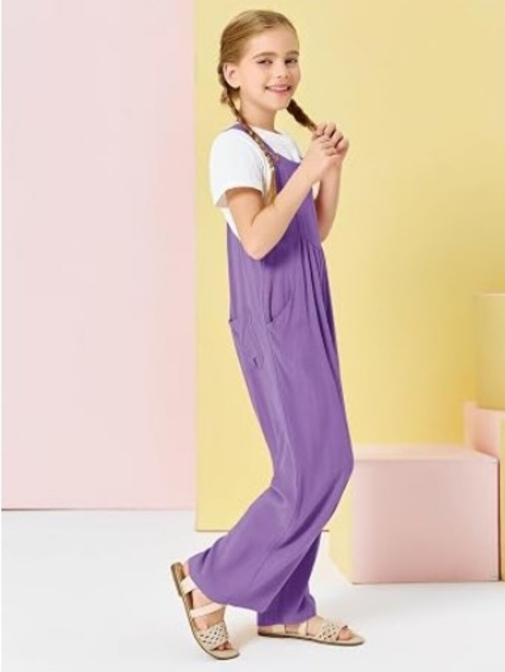 Girls Overalls Kids Casual Sleeveless Wide Leg Jumpsuit Loose Rompers Purple